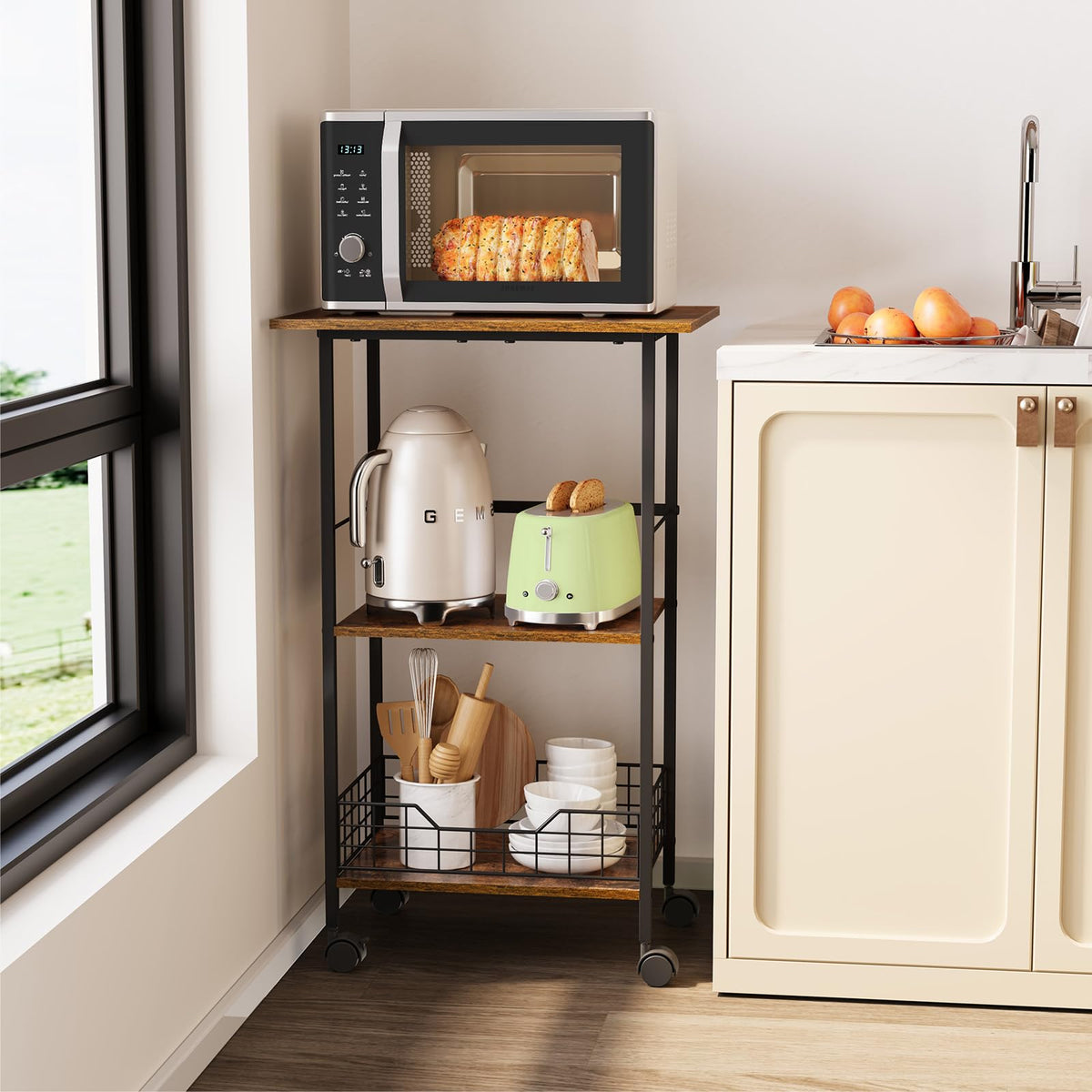 Microwave Cart with Storage, 3-Tier Rolling Kitchen Stand with Wire Basket, Wood and Metal Utility Cart on Wheels, Coffee Bar Station, Small Baker’s Rack As Kitchen Island, Microwave Shelf Organizer
