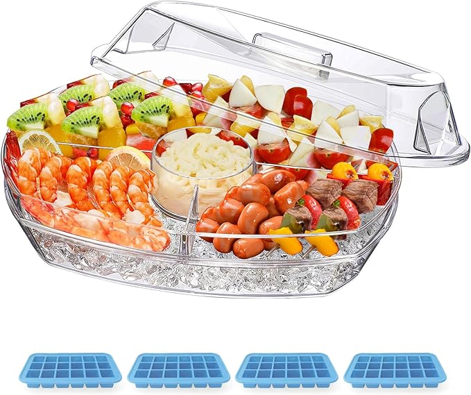 INNOVATIVE LIFE Large Salad Bowl with Ice Chiller Base and Lid, Kitchen Refrigerated Veggie Tray with Two Long Spoons, Party Platters for Food, Clear