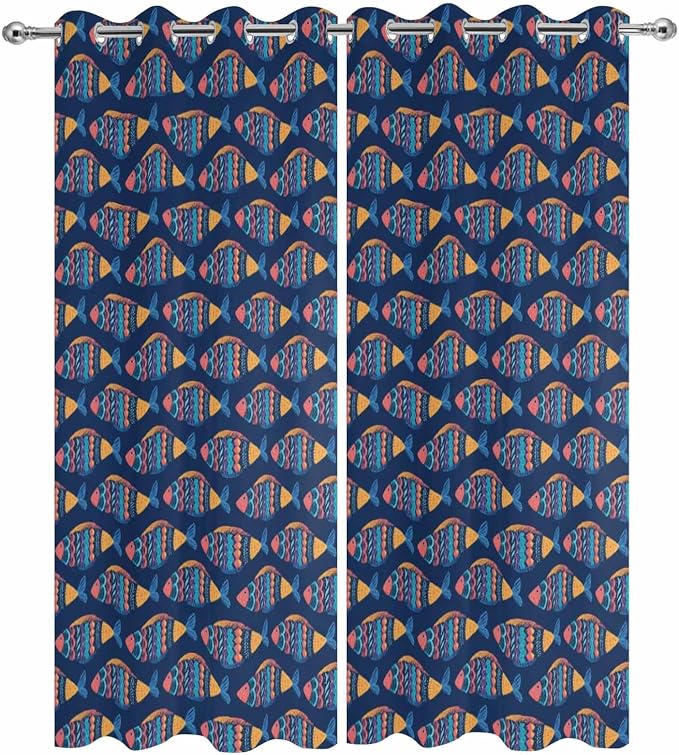 Fish Outdoor Curtains for Patio Vintage National Wind Fish Blue Waterproof