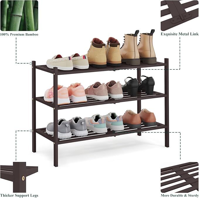 Smiry Bamboo Shoe Rack 3-Tier, Stackable Wooden Shoe Organizer for Entryway & Closet, Free Standing Wood Shoe Storage Shelf for Front Door & Small Spaces, Brown