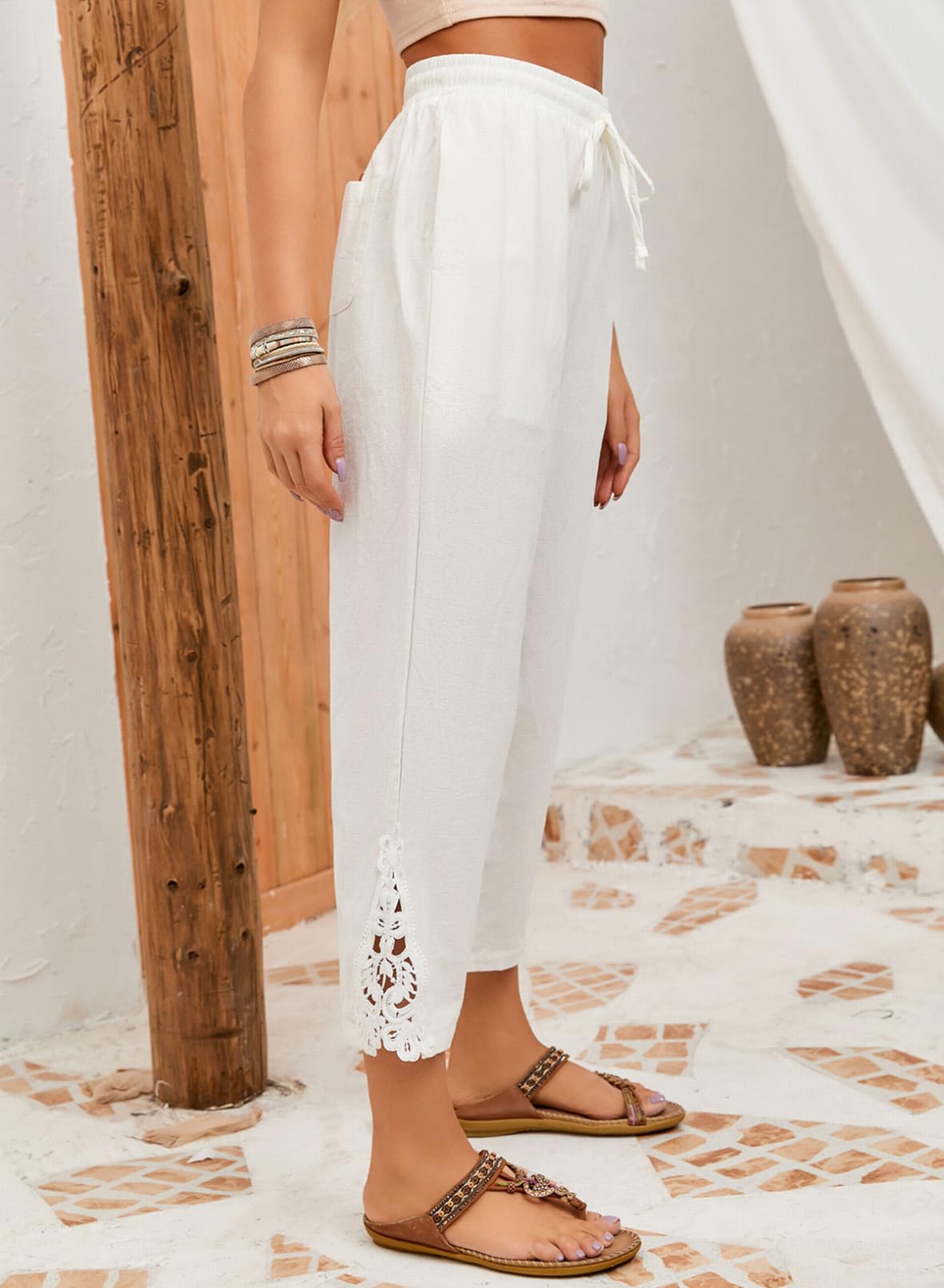 Acelitt Womens Casual Linen Pants Lightweight Drawstring Elastic Waist Fall 2026 Beach Ankle Capri Pants Trousers White Medium