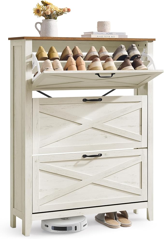 VASAGLE LIRY Collection - Shoe Storage Cabinet Organizer with 3 Flip Drawers, Freestanding Narrow Shoe Rack Cabinet for Entryway, Farmhouse Style, Fits 18 to 24 Pairs, Rustic White UHSC301W02