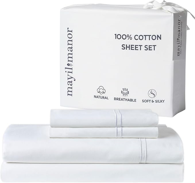 100% Natural Cotton Sheets Queen Size Bed Set | 500 TC Single-Ply Sateen Weave | Soft, Breathable, Hypoallergenic Solid 4-Piece Bedding with Deep Pocket Fitted, Flat, Pillowcase | White
