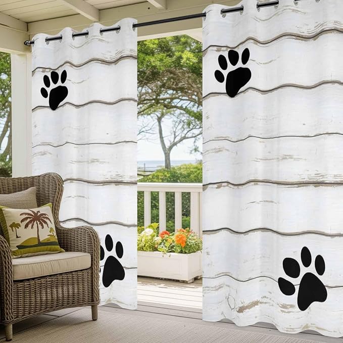 Wood Grain Outdoor Curtains for Patio Claws Animals Wooden White Waterproof