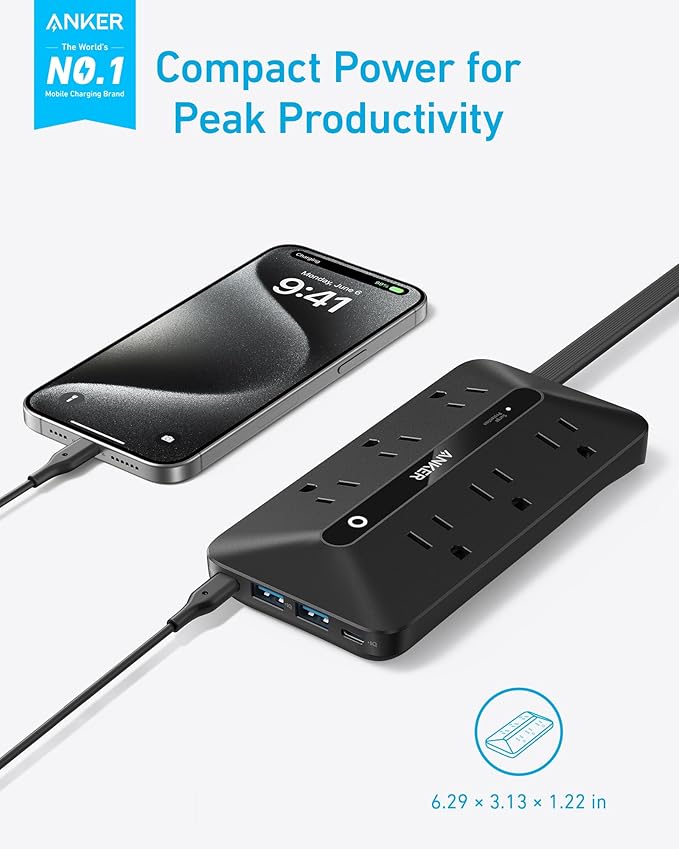 Anker Power Strip with 300J Surge Protector, Flat Plug Extension Cord with Multiple Outlets, 6 AC, 2 USB A & 2 USB C Ports for 20W, 10ft Outlet Extender, Dorm Room Essentials, Home Office