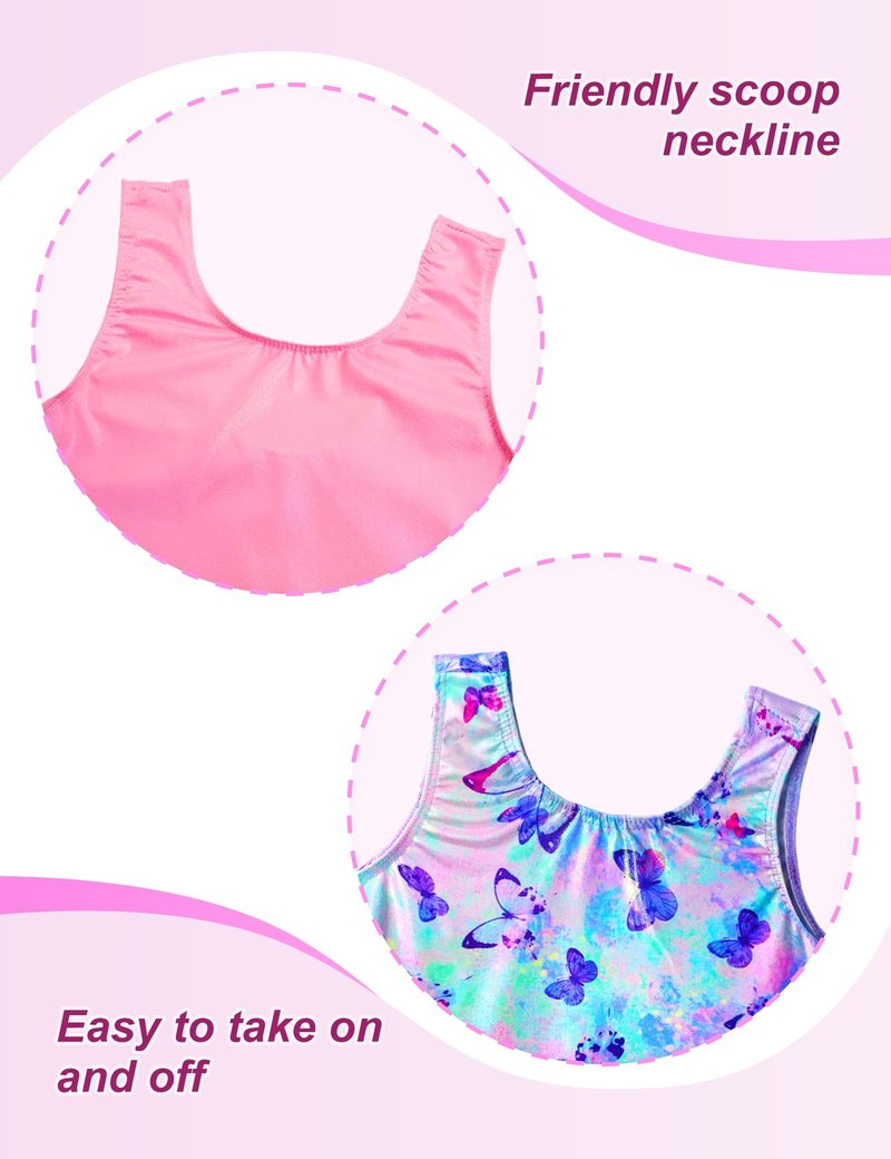 Snowheart Gymnastics Leotards for Girls Size 3t 4t 2 Pack Sparkle Purple Blue Butterfly Solid Pink Sleeveless Biketards