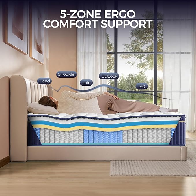 Queen Mattress, 12 Inch Queen Size Hybrid Mattress in a Box, Medium Firm Memory Foam mattress, with Individual Pocket Springs, Upgrade Zoned Support, Motion Isolation&Pressure Relief, CertiPUR-US
