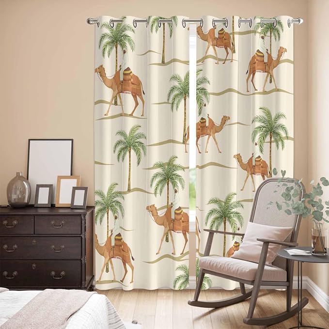 2 Panel Kitchen Cafe Curtains, Date Coconut Tree Sunlight Filtering Nature Air
