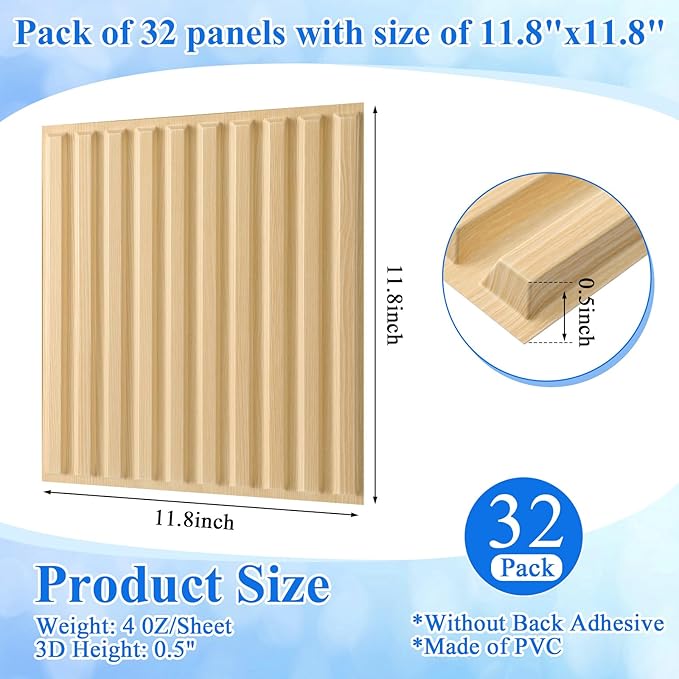 Nuanchu 32 Pcs 3D Slat Wall Panels 12 x 12 Inch PVC Fluted Textured Panel