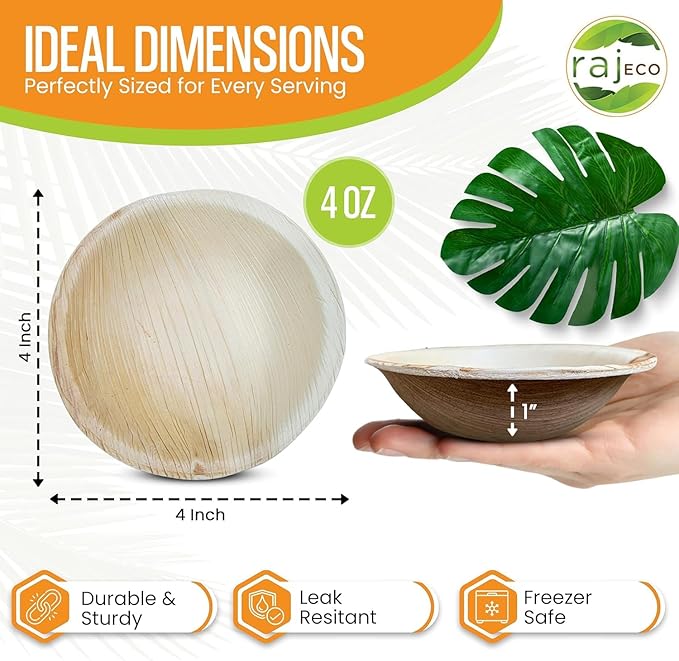 Raj Disposable Palm Leaf Bowls (200 Count, 4" Bowls) Strong Bowl Like Bamboo Party Bowl - Decorative Compostable Tableware for Lunch, Dinner, Birthday, Camping, Outdoor, Picnic, Parties