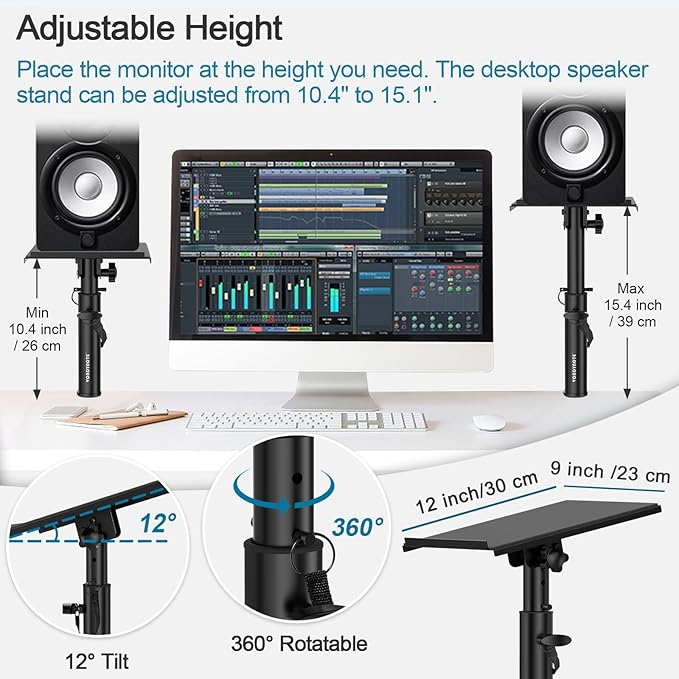 Studio Monitor Stands Pair Heavy Duty Desk Clamp Speaker Stands with Adjustable Tilt Angle Tray of 0-12 °