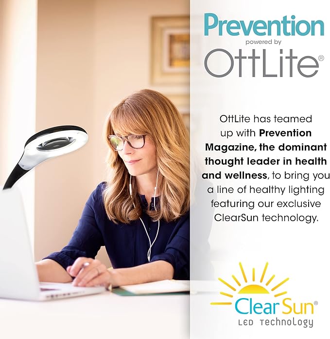 OttLite LED Desk Lamp with Adjustable Magnifier, Prevention Series - Designed to Reduce Eyestrain - Adjustable Flexible Neck, 4 Brightness Settings & Touch Controls - Crafting, Reading & Studying