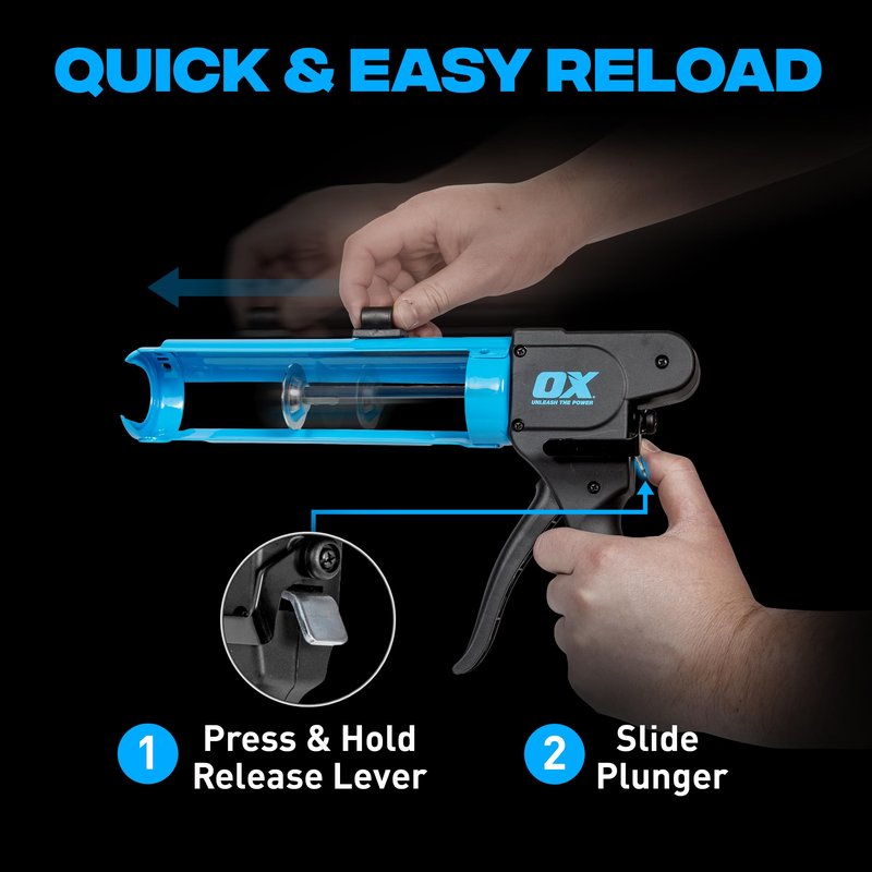 OX Pro Compact Caulk Gun - 10 oz Rodless Manual Caulking Gun Tool - 7:1 Thrust Ratio Designed for Tight Spaces, Includes Belt Clip - Pistola De Silicona