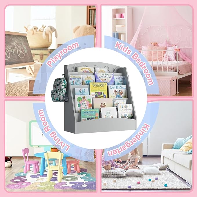 5-Tier Kids Bookshelf Montessori Toddler Book Rack Baby Bookcase Floor Front Facing Magazine Display Shelf for Bedroom Playroom Nursery Classroom Kindergarten Wood (Gray)