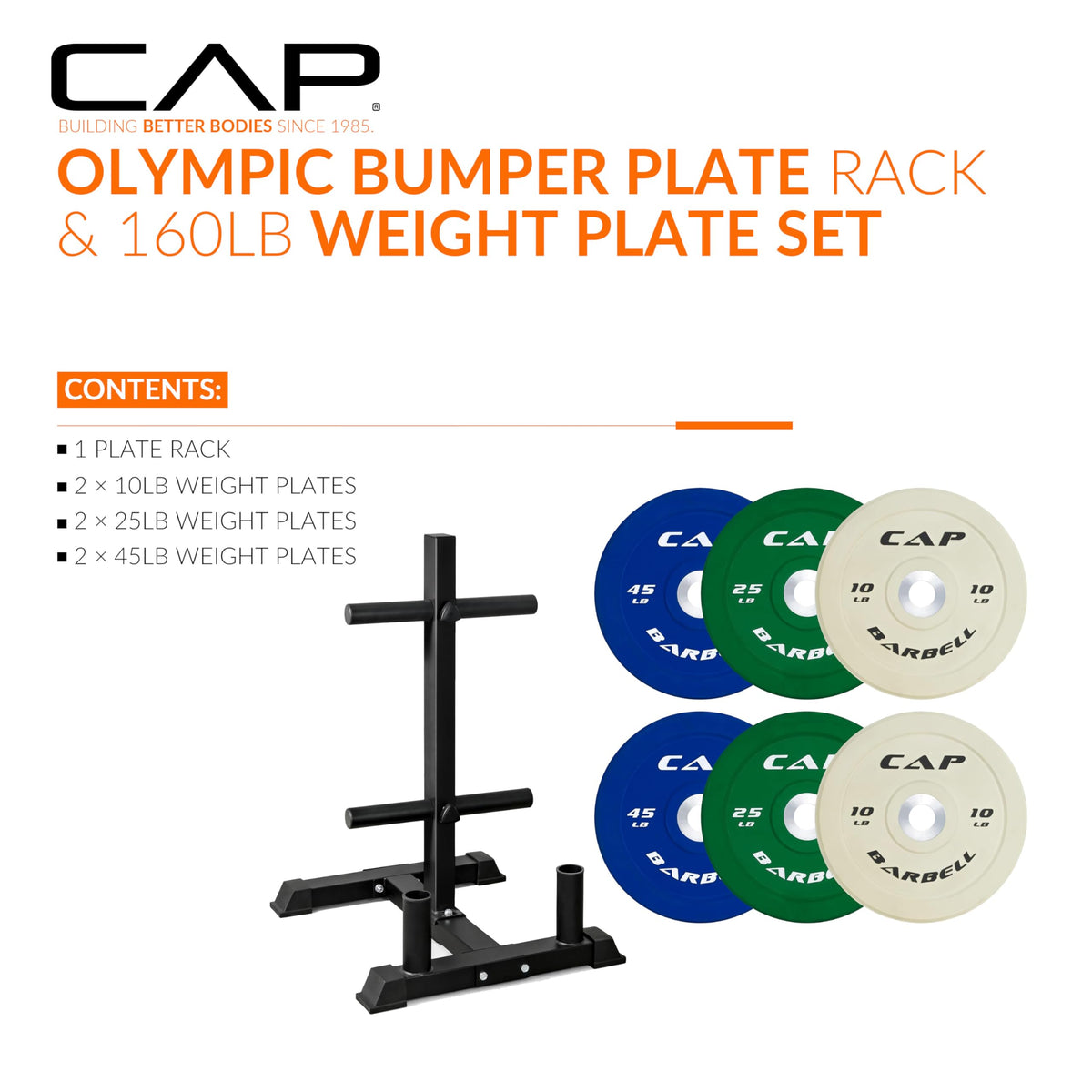 CAP 160lb Competition Olympic Bumper Plate Set with Compact Storage Rack