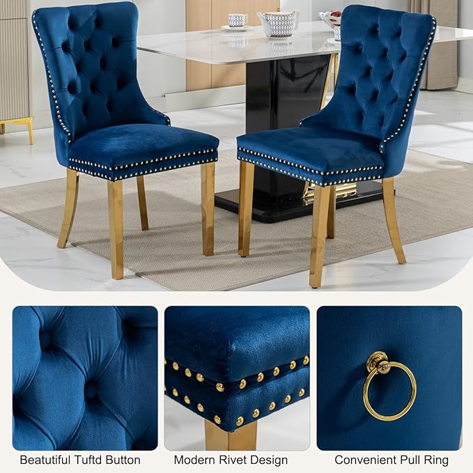 5-Piece Faux Marble Round Dining Table Set for 4, Modern Luxury Kitchen Table Set for 4 with Blue Tufted Chairs,Circle Dining Tables with White Marble Grain Top and Bronze Pedestal Base