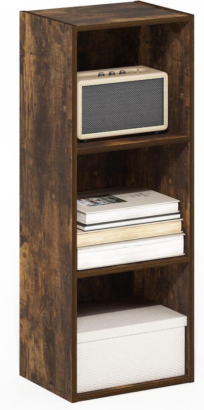 Furinno PASIR Book Shelf, 3-Tier Bookshelf, Bookcase with Open Shelves, 9 x 12 x 32, for Living Room, Bedroom, Home Office, Amber Pine