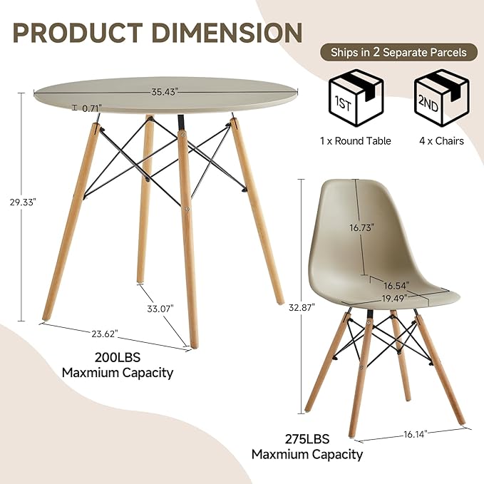 Round Dining Table Set for 4 35.5" Wood Dinner Table Circle Dining Table Kitchen Table Chairs Set of 4 with Wood Strip Base for Kitchen Living Room Space Saving Apartment(Beige)
