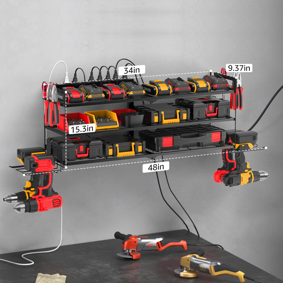 CCCEI Garage Tools Storage with Charging Station. Power Tool Battery Organizer Utility Shelf with Power Strip. 4 Drills Holder Wall Mount Rack, Black.