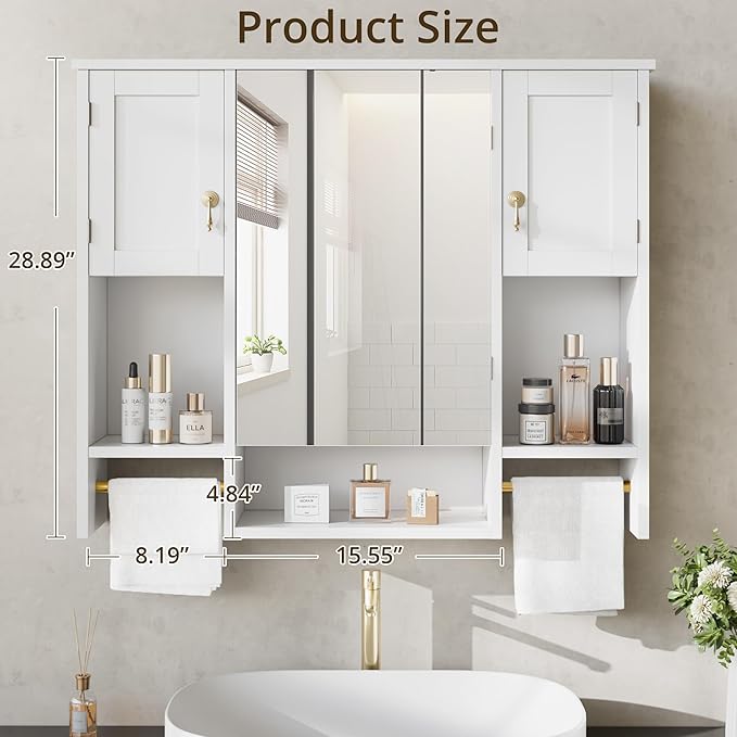 VECELO Bathroom Wall Cabinet with Mirror, Wall Mounted Medicine Cabinet with Open Shelves, 2 Towels Bars for Bathroom Laundry Room Kitchen, 35.04 * 7.09 Inches, Gold