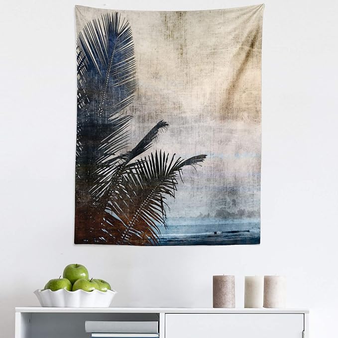 Ambesonne Hawaiian Tapestry, Palm Tree Leaves on Grunge Background with Sea Vintage Waterscape Illustration, Fabric Wall Hanging Decor for Bedroom Living Room Dorm, 23" X 28", Beige Indigo