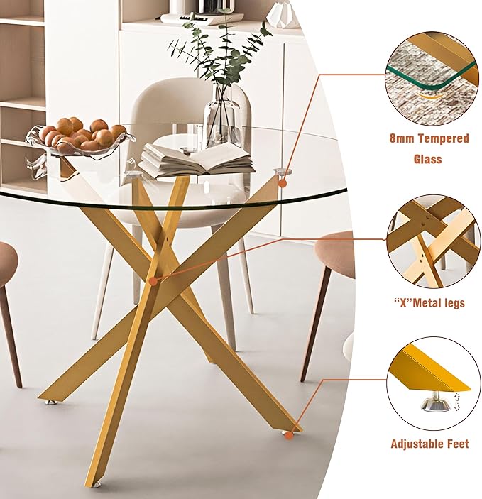 47.25" Round Dining Table for 6, Modern Clear Glass Kitchen Table for 6 with Gold X Metal Legs, Contemporary Small Circle Dining Room Leisure Tables for Kitchen Apartment