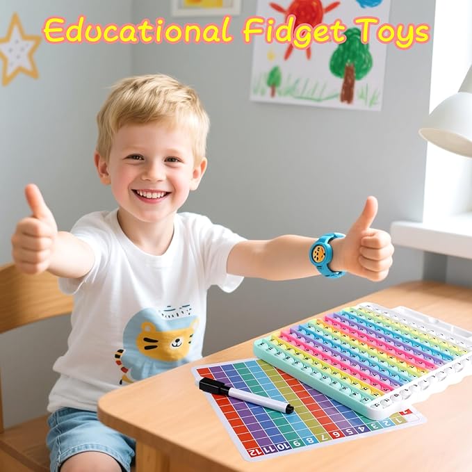 Multiplication Table Game pop Fidget Toys Educational Math Learning Board with Marker, Rainbow Colors, 12x12 Grid Multiplication Charts for Kids Multiplication Flash Cards