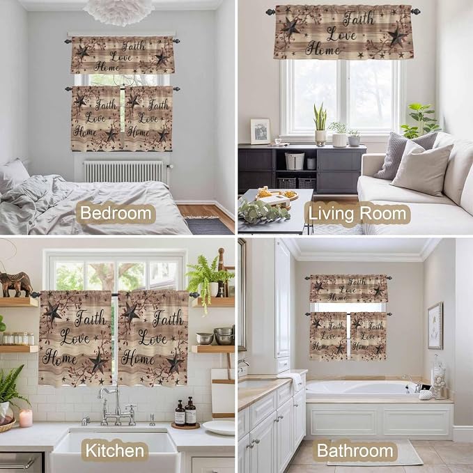 Kitchen Curtains Tiers and Valance Set of 3, Farmhouse Star Brown Light
