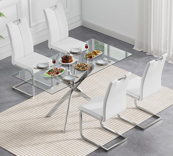 51.18" Glass Dining Table for 4-6, Dining Room Table with Clear Tempered Glass and Silver Metal Legs, Modern Rectangular Kitchen and Dining Room Dinner Table for Kitchen