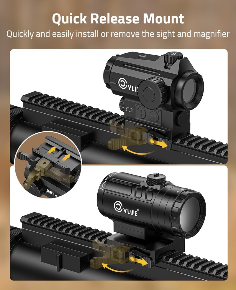 CVLIFE Multi Reticle Auto-Brightness Red Dot and 3X Magnifier Combo,25MM Large Lens Motion Awake Red Dot Sight with Quick Release Mount, Compact Magnifier with Flip-to-Side Mount (red dot)