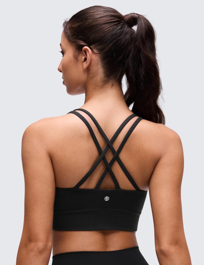 CRZ YOGA Softness Mold Butterluxe Strappy Longline Sports Bras for Women - Double Spaghetti Strap Workout Yoga Crop Top Black Large