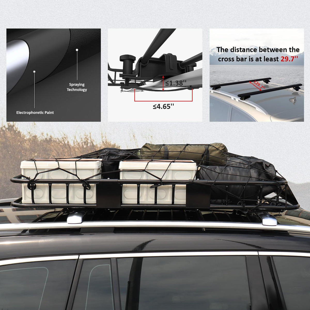 FORWODE 250LBS Universal Roof Rack Basket, 64"x39"x6" Rooftop Cargo Carrier Rack + Waterproof Cargo Bag 15 Cubic Feet(43"x34"x17")