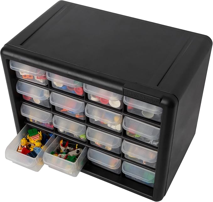 Akro-Mils 16-Drawer Plastic Drawer Storage Cabinet for Garage Organization, Beads, Makeup Organizer, Building Bricks Storage, Teacher Toolbox, 10-1/2" W x 6-1/2" D x 8-1/2" H, 10716 Black