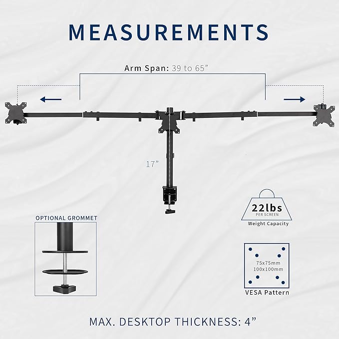 VIVO Premium Triple Monitor Desk Mount for 3 Screens up to 22 lbs, Fits up to 38 inch Ultrawides on Center Bracket, Adjustable Telescoping Arms, Flush Wall Setup, Black, STAND-TS03C