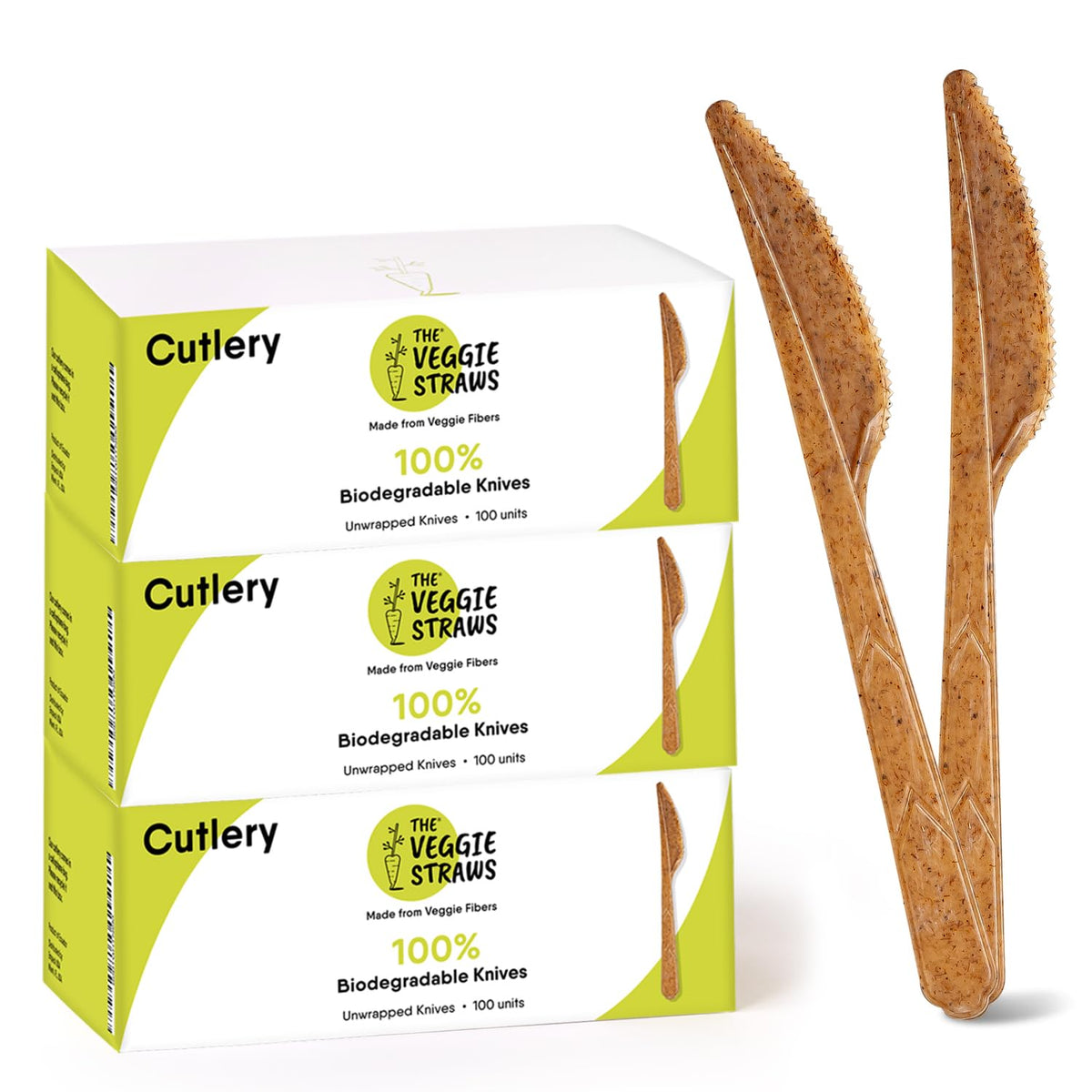 100% Biodegradable Cutlery Made of Vegetable Fibers, 300 PCS of 6.7” Long Heavy-Duty and Splinter Free Eco-Friendly Spoons, Forks & Knives, Perfect Sustainable Cutlery by The Veggie Straws