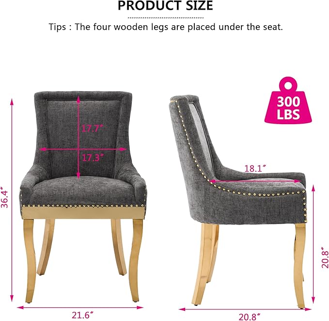 Luxury Fabirc Upholstered Dining Chairs Set of 2,Neutral Chenille Kitchen Room Chair with Nailhead Trim,Modern Padded Side Chairs for Dining Room,Living Room,Bar (Grey-Gold, Set of 2)