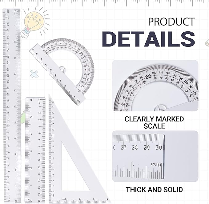6-Piece Clear Math Geometry Set with 12-Inch and 6-Inch Rulers, 2 Triangles, 2 Protractors