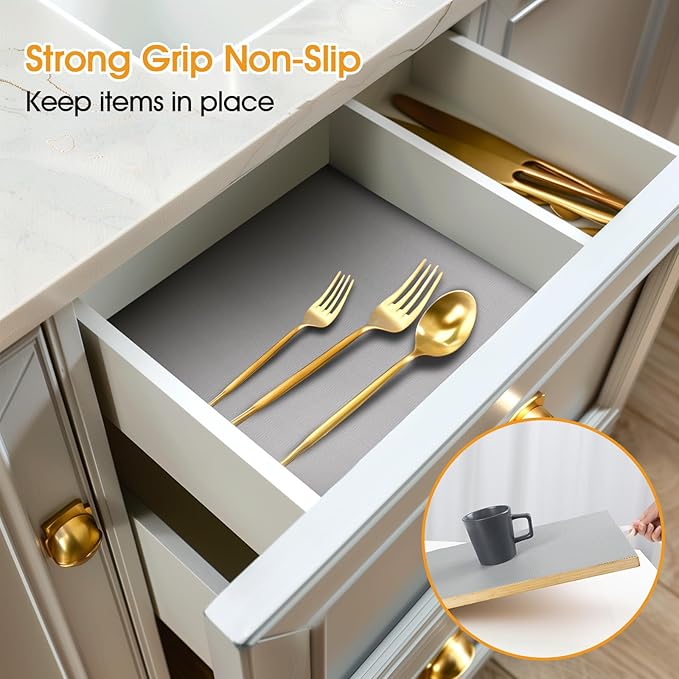 Shelf and Drawer Liner for Kitchen Cabinets Non-Adhesive, Strong Grip Non-Slip Thickened Cabinet Liners for Shelves, Waterproof Mats for Dresser Cupboard, Pure Gray, 17 in x 10 Feet