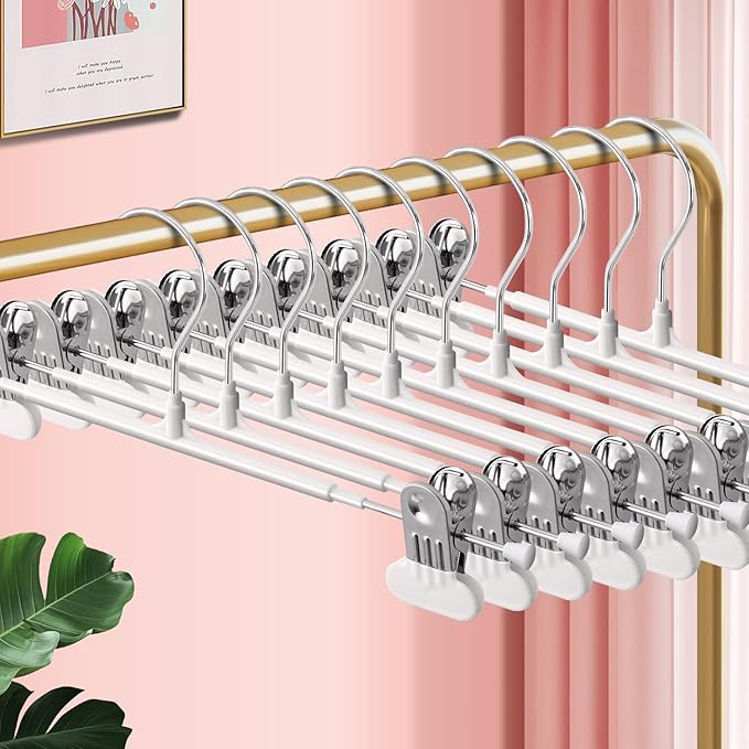Clothes Pants Hangers with Wide Clips 10 Pack,Non-Slip Adjustable Skirt Hanger for Women,Space-Saving Heavy Duty Men Hangers for Pants,Trousers,Jeans,Shorts 12Inch White