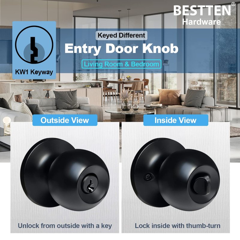 BESTTEN 4 Pack Door Knob with Lock and Key, Keyed Different Entry Door Knob, for Entrance and Front Door, Matte Black