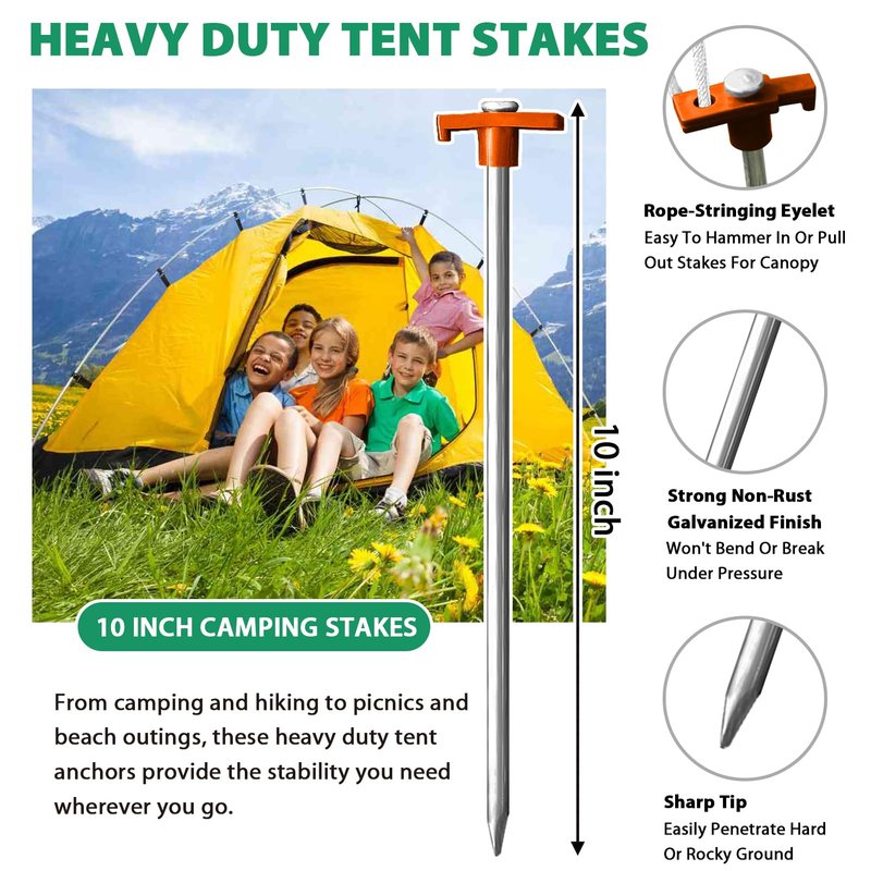 Eurmax USA 10-Pack Secure Protection Galvanized Tent Stakes,Rust-Proof Steel Canopy Anchors for High Winds,Heavy Duty Commercial Ground Pegs for Camping,Pop Up Tents&Gazebos - Includes 4x10ft Ropes