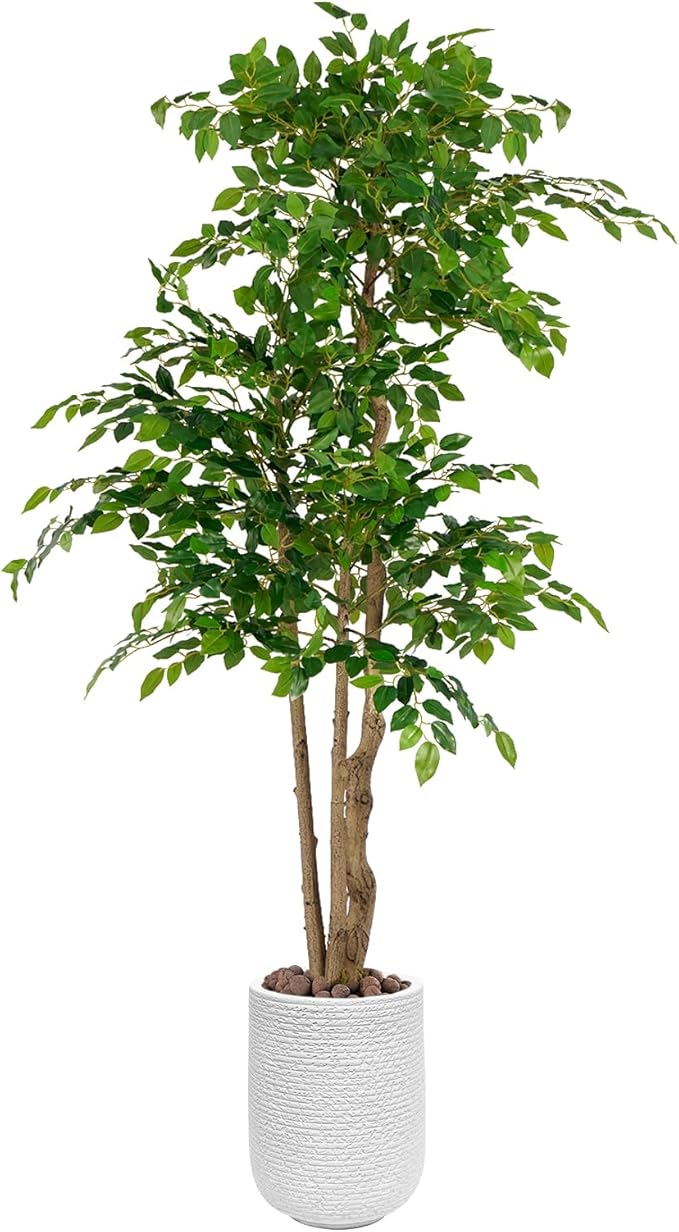 Ficus Tree Artificial with Triple Trunks, 4ft Fake Ficus Tree in White Magnesium Pot, Tall Artificial Tree Potted Plant for Indoor Outdoor Home Office Living Room Patio Bedroom Decor