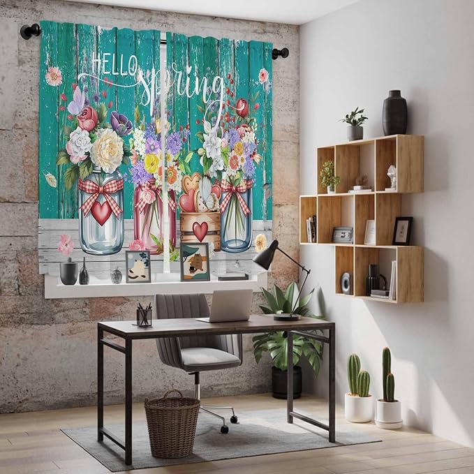 Spring Flowers Kitchen Curtains, Farmhouse Watercolor Teal Wood Grain Light