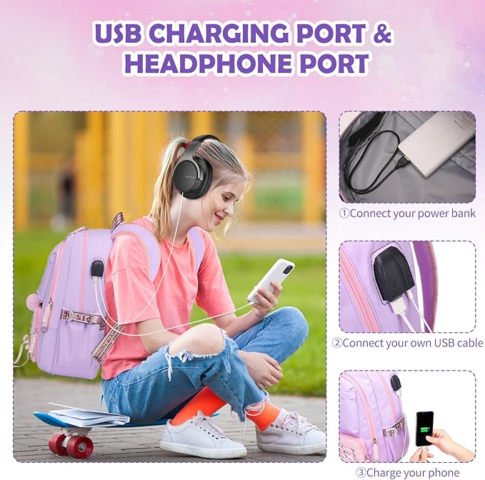 Backpacks for Girls, Girls Backpack with Lunch Box and Pencil Case for Teen Kids Elementary Middle High School College Student, Children Backpack Bookbag with USB Charging Port (Pink Purple)