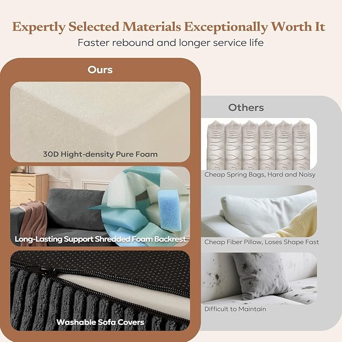 106" Cloud Sectional Couch, Left/Right Facing Convertible Sofa with Deep Seat, L-Shape Modular Upholstered Foam Couch for Living Room Bedroom, No Assembly Required (Corduroy Fabric, Grey)