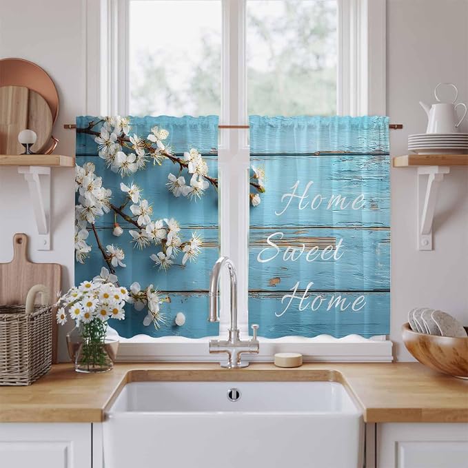 Farmhouse Wooden Grain Kitchen Curtains, Vintage Shabby Chic Flower Blue Light