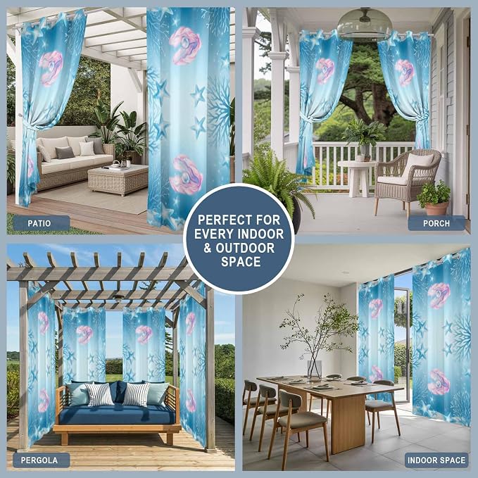 Ocean Shell Outdoor Curtains for Patio Corals Starfish Summer Marine Waterproof