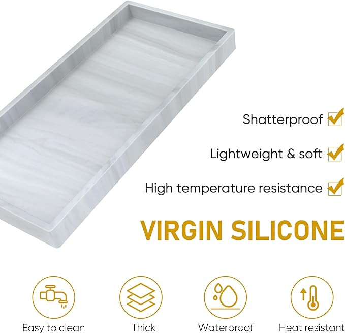 Silicone Bathroom Tray,Shatterproof Bathroom Vanity Tray,High-Grade Silicone Durable Rectangle Tray for Bathroom Trays for Counter Soap Dispenser Tray-Large 10.6 * 5.1 in