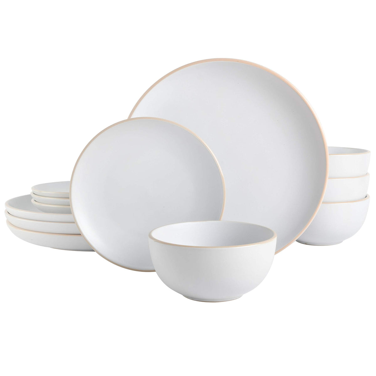 Gibson Home Rockaway 12-Piece Round Stoneware Dinnerware Set, Service for 4 – Cream Plates and Bowls, Modern Matte Finish, Microwave & Dishwasher Safe