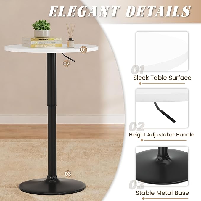 Shahoo Round Bar Table, Adjustable Height and 360° Swivel Bistro Pub Table, Cooktail Table for Bar, Bistro, Dining Room, White